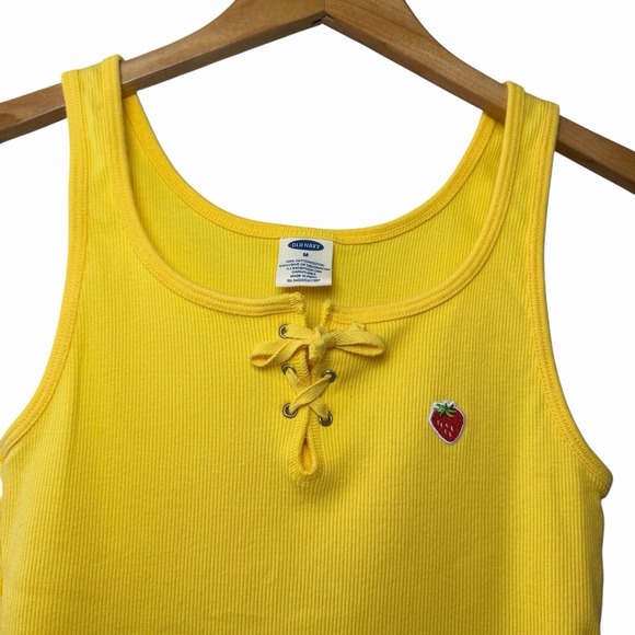 VTG Y2K Old Navy Womens Embroidered Strawberry Ribbed Lace Up Tank Size M Yellow - Picture 4 of 13